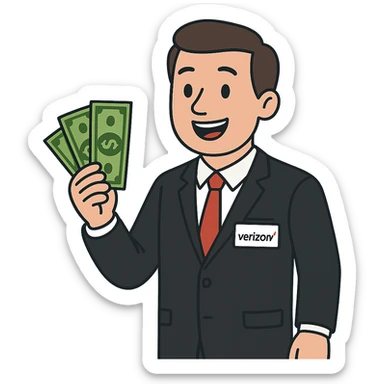 flat toon style Verizon sales man holding cash sticker