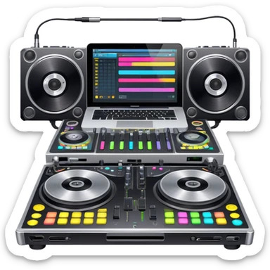 Create a professional and technical emoji that represents remixing music. The design should feature a high-end DJ controller, turntables with vinyl records, and a sound mixing console with faders to symbolize the technical aspects of remixing. Include elements like studio headphones and a laptop or digital audio workstation (DAW) screen to reflect the tools used in music production. Use colors like black, silver, and neon accents to convey the professional, high-tech nature of remixing. The background should be transparent. sticker