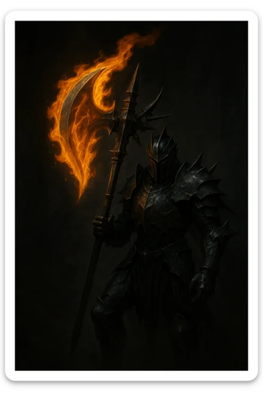 Make the flaming halbert super realistic, held by a scary, armored knight in a dark fantasy setting with dramatic lighting. Keep the background dark and moody, emphasizing realism and fantasy atmosphere. sticker