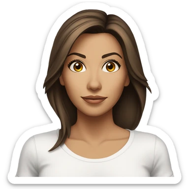 3/4 face, contrasted, shadow, light, Eva Longoria expression, standing from a distance, thin nose, brunette woman, hazel eyes, long eyelashes, dark shoulder shaded hair, white t-shirt, jeans, white sneakers sticker