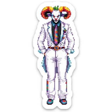 full-body demonic clown in a white leisure suit with bellbottom pants, bald, black ram horns, flashy belt, ruffled shirt, colorful tie, no elevator shoes sticker