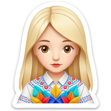 Ukrainian young girl in a white embroidered traditional shirt (vyshyvanka) holding colorful origami sticker