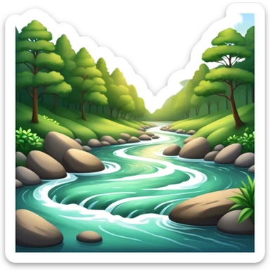 Cinematic Realistic River Emoji, Serene and flowing, with sparkling water meandering through lush greenery, surrounded by trees and rocks. The sun dances across the rippling surface, creating glimmering reflections while birds fly overhead. Soft glowing outline, capturing the essence of peacefulness and tranquility in a meandering river. sticker