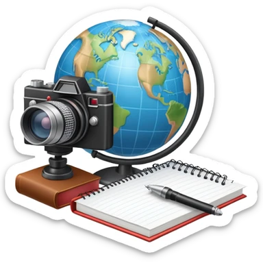 An icon showing a microphone, a notepad, and a camera, symbolizing journalism. The design includes a globe in the background, representing global news, and a breaking news banner for emphasis. Transparent background highlights the dynamic world of media and reporting. sticker