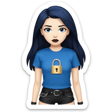 young woman with long hair dyed blue and black. wearing a black T-shirt with a text "Priv." and a lock icon next to it. wears tight black shorts with side strapping details that have buckles. makeup is striking, with dark lips and well-defined eyebrows. sticker