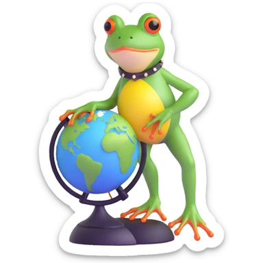 glamorous frog in a choker, standing on a globe sticker