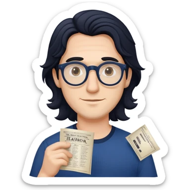 Young caucasian man with longer wavy black hair, round glasses, dark blue shirt, with theater playbill in hand sticker
