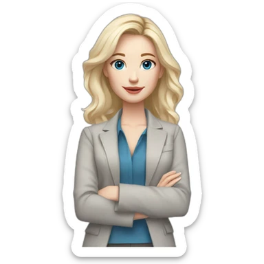 pale skin woman interior designer with cold blonde middle length hair, blue eyes, White blouse, Gray oversize jacket, Gray skirt holding a color palette in the hands sticker
