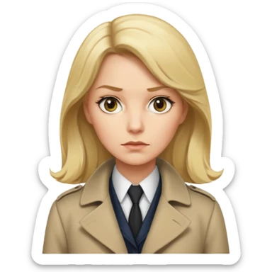 detective woman in long coat, blond hair, white skin sticker