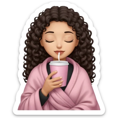 hispanic woman, light brown skin, black long 3b curls, closed eyes, feminine face, holding soft pink coffee cup with beige blanket over shoulders sticker