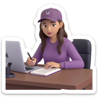 young woman with olive skin and long, dark brown hair, wearing a long-sleeved dark mauve shirt. She is wearing a black baseball cap.. She's sitting at a sleek wooden desk with a hardcover book, and to her right is a white coffee mug, while she looks and types on a silver MacBook.  sticker