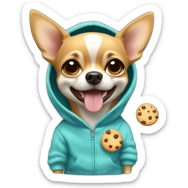 Chihuahua wearing a hoodie smiling and eating cookie sticker