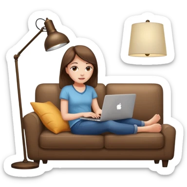 A girl is working with a laptop while lying on a sofa, with a floor lamp to the right. sticker