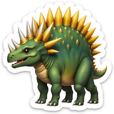 Cinematic Noble Stegosaurus Portrait Emoji, Poised and dignified, with a sturdy, low-slung body adorned by a distinctive row of bony plates along its back and a spiked tail, a small, determined head with observant eyes, Simplified yet sharply defined features, highly detailed, glowing with a soft, earthy radiance, high shine, intelligent and resolute, stylized with an air of ancient armored majesty, focused and alert, soft glowing outline, capturing the essence of a watchful and confident Stegosaurus that appears ready to lumber out of the screen with effortless authority! sticker