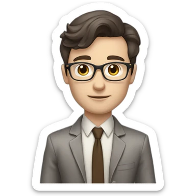 Pale skinned fit man with dark brown hair in gray jacket, beige office shirt, brown tie, brown pants and vintage glasses Writing on the flipchart sticker