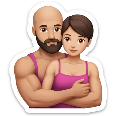 Muscular Bald man with a beard embracing his young beautiful brunette wife sticker