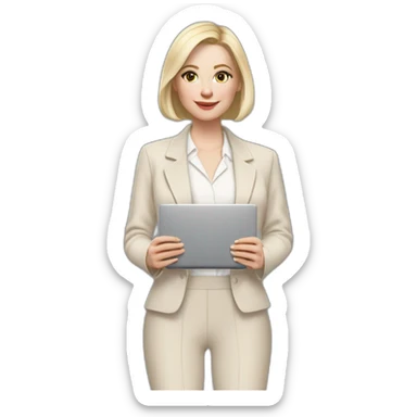 pale skin woman with ash blonde Straightened bob Hair, White Spacious classical jacket, beige palazzo Arrow pants and gray blouse holding a MacBook in the hands sticker