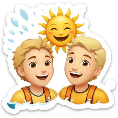 Two friends, as seafaring explorers, splash each other in the ocean, laughing as their eyes lock in pure joy and appreciation. The sun glistens on the water, highlighting their deep connection and the simple happiness of the moment.  sticker