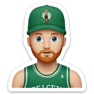 Bald white man with ginger beard and blue eyes in Jason Tatum Boston Celtics jersey over tshirt with Boston Celtics basketball logo on cap sticker