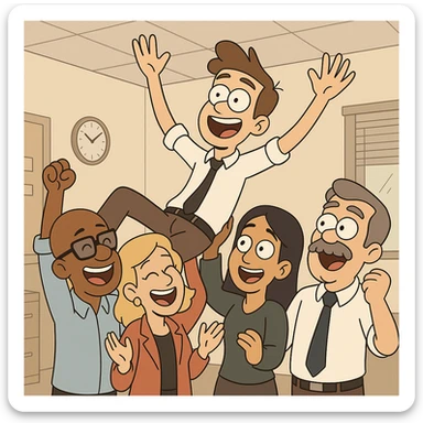 cartoon illustration of a young office worker in a shirt and tie, held up by a diverse group of colleagues, all smiling and cheering, office celebration sticker