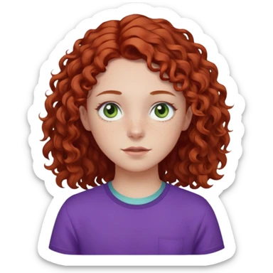 pale white teen girl with light blueish green eyes and freckles with brownish red curly middle part hair and purple shirt sticker