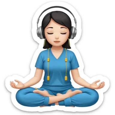 An East Asian woman is sitting cross-legged in a meditation pose, wearing Apple headphones and listening to music. The song is so beautiful that she has her eyes closed and tears streaming down her face. sticker