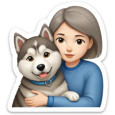 A short-haired girl hugs a Dog Alaskan Malamute sticker
