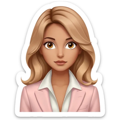 A 30-year-old woman with tanned skin, light brown long wavy hair, delicate face, almond-shaped eyes with smoky foxy eye makeup, brown eyes, wearing a light pink blazer and white satin cowl neck blouse with thin straps sticker