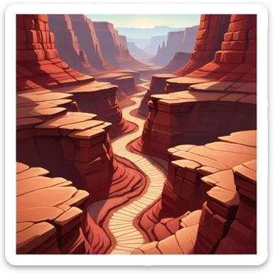 Cinematic Realistic Canyon Emoji, Vast and rugged, with deep red rock formations and winding paths leading down to a dry, dusty floor. Sunlight casts long shadows across the craggy surfaces, highlighting the layers of ancient rock. Soft glowing outline, capturing the essence of dramatic beauty and ancient history in a mighty canyon. sticker