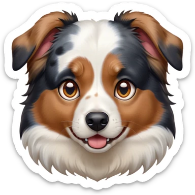 Cinematic Comical Calico Australian Shepherd Portrait Emoji, Head tilted dramatically with an exaggeratedly shocked or offended expression, predominantly white fur with striking black, tan, and red calico merle markings, wide, expressive blue eyes filled with exaggerated disbelief, Simplified yet hilariously expressive features, highly detailed, glowing with a slightly sassy glow, high shine, dramatic yet playful, stylized with an air of attitude, bright and endearing, soft glowing outline, capturing the essence of a sassy and over-the-top pup, so meme-worthy it feels like it could side-eye its way into internet fame instantly! sticker