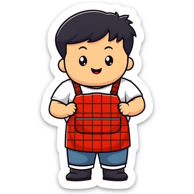 chubby boy with black hair styled upward in front, wearing a red and white checkered plaid apron sticker