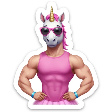 friendly anthropomorphised masculine unicorn with horse-like face, muscular bodybuilder build, in tutu and pink t-shirt, wearing dark sunglasses, standard pose, close-crop head and shoulders portrait sticker