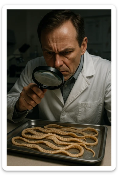 A middle-aged male kinesiologist wearing a pristine white lab coat, intensely analyzing long, beige tapeworms (like Taenia) under a magnifying glass. His expression is focused and slightly concerned, with dramatic studio lighting casting sharp shadows. The parasites are highly detailed, moist, and textured, stretched across a sterile metal tray. The background is blurred but suggests a clinical environment—hints of a microscope, medical charts, and clean lab equipment. The style is hyper-realistic, with a cinematic contrast between the bright white coat and the grotesque, organic forms of the parasites. No sci-fi elements, just raw medical realism with a disturbing edge sticker