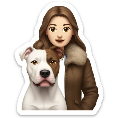 white woman with long brown hair in a furry jacket standing alongside a white pitbull sticker