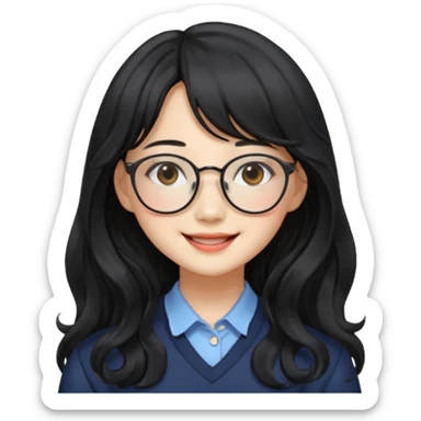 Please generate a portrait of a pretty girl with long, wavy, black hair. She's smiling. She also wears a middle parting and bangs. with glasses pink wonyoungsim from ive fom kpop group sticker
