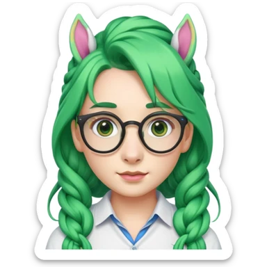 braided unicorn wiith big visible braids looking into the camera spectacled green hair sticker