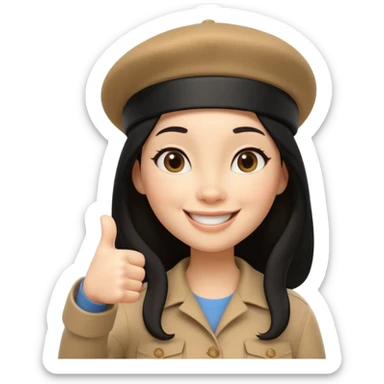 3D cartoon female character giving thumbs up, wearing beige beret, long black hair, smiling warmly with confident expression, clean white background, Pixar-style lighting, cute and friendly iPhone memoji aesthetic, high quality soft shading, centered composition sticker