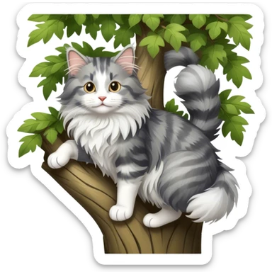 A fluffy Norwegian Forest cat climbing a tree, playful and adventurous, cartoon style, transparent background. sticker