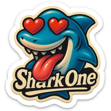 tongue out heart shaped eye add the words “ Shark One " in White sticker