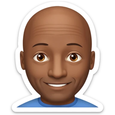 Black bald 55 year old looks younger  man no facial hair brown eyes kind smile wide nose sticker