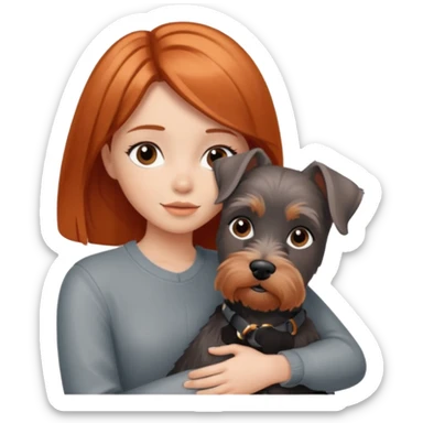 Girl with copper straight  hair medium length hugging a schauzer  sticker