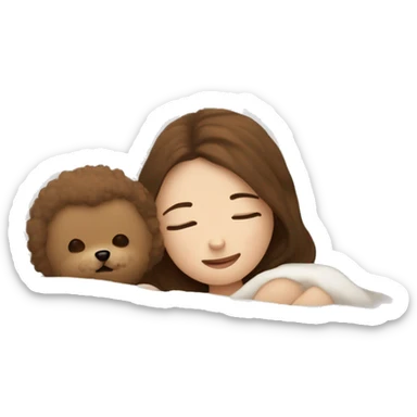 white pillow and a blanket, a white-skinned, brown-haired woman is sleeping with a little baby Bichon Friese sticker