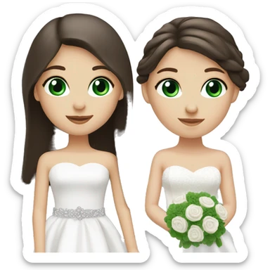 2 dark brown straight long hair white girls, one with green eyes and one with blue eyes. both in wedding dressed sticker