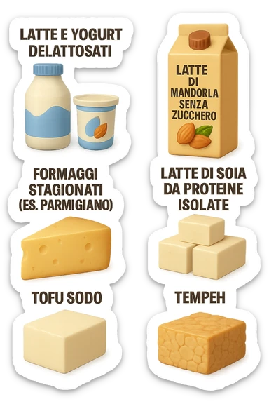 emoji stile iphone 3d di questi elementi che fluttuano in aria:

Latte e yogurt delattosati
Latte di mandorla (non zuccherato)
Latte di soia da proteine isolate
Formaggi stagionati (es. parmigiano)
Tofu compatto e tempeh
 che fluttuano in aria,  le etichette scrivile in italiano, iperealistico 4k sticker