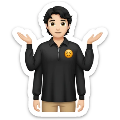 Caucasian man with black wavy hair wearing a loose-fitting long sleeve black shirt with collar and zip to the chest sticker