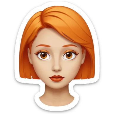 A person emoji with light skin, short orange hair swept to one side, matching orange eyebrows, brown eyes, an oval-shaped face, a small nose, and dark lipstick. sticker
