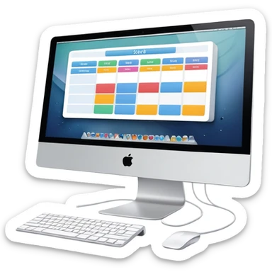 front-facing iMac showing a day schedule with vertical hours and horizontal client slots, several slots filled with color to indicate bookings sticker