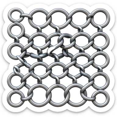 3D render of Screen Door Fragment, made of interlocking chainmail metal rings, wire mesh texture, visible holes and negative space, metallic silver and grey, high contrast shadows, emoji style, isolated on white background --v 6.0. sticker