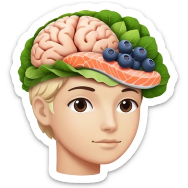 brain surrounded by healthy lifestyle choices, exercising, salmon, dark chocolate, blueberries, seeds, leafy greens . brain booster sticker