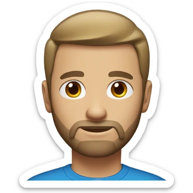 man with short hair short beard blue eyes red tshirt sticker